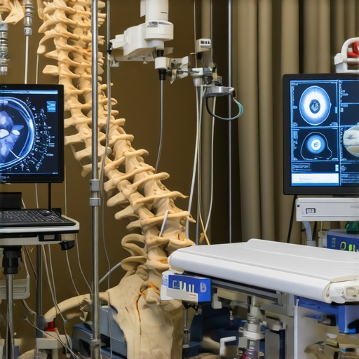 Modern surgical room with robotic spine surgery technology and imaging equipment