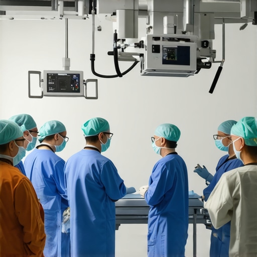 Modern spine surgery operating room with robotic system and surgeons