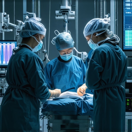 Surgeons performing robotic-assisted spine surgery with advanced technology