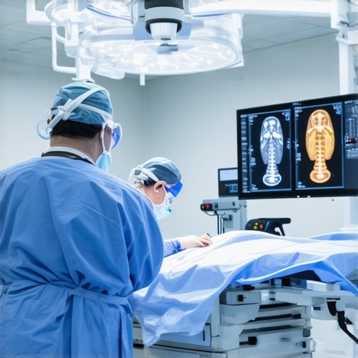 Surgeon operating advanced robotic-assisted spine surgery system in a modern NJ hospital