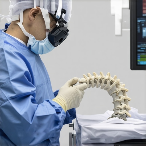 Surgeon using robotic-assisted technology during cervical spine surgery in a high-tech operating room.