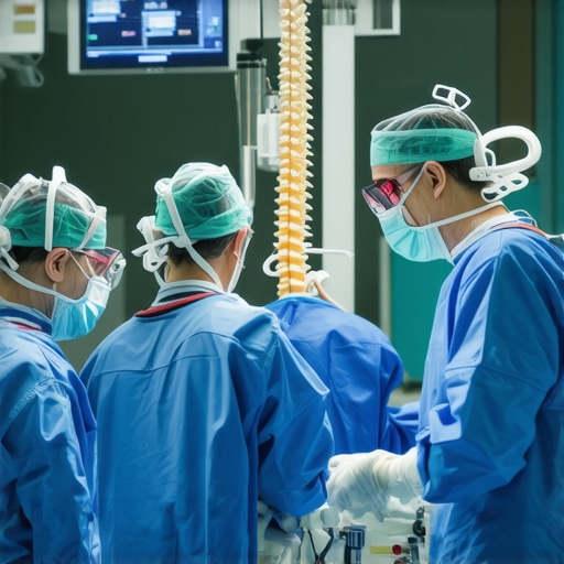 Surgeon using 3D navigation system for precise cervical spine procedure.