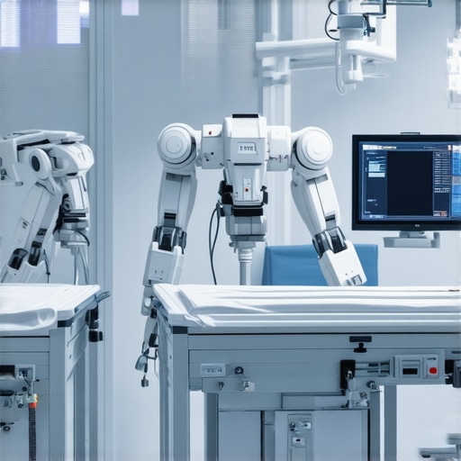 Robotic-assisted spine surgery with laser technology in a modern operating room.