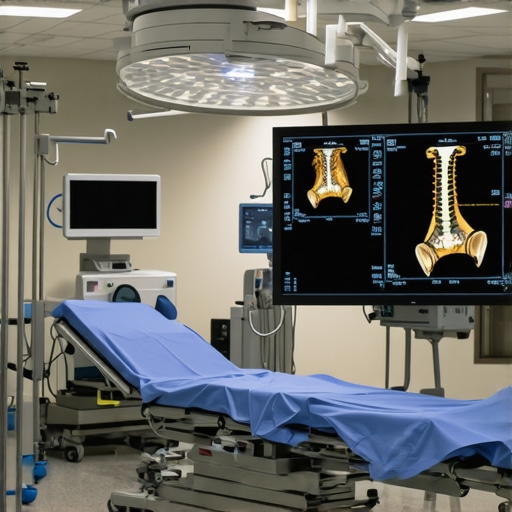 Advanced Robotic Spine Surgery in Action Surgeon operating with robotic assistance and 3D imaging in a modern OR