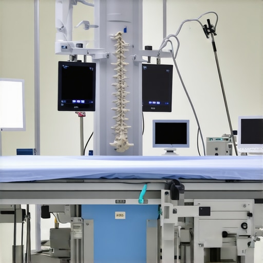 Advanced Spine Surgery Technologies High-tech operating room with intraoperative imaging and robotic tools for spine surgery.