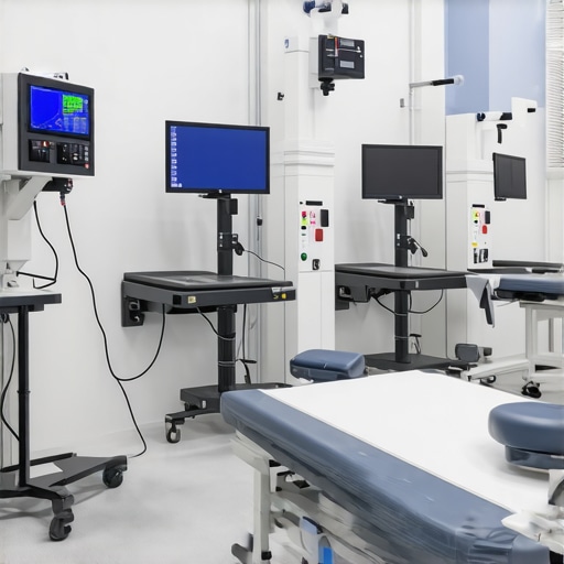 Cutting-Edge Spine Rehabilitation Technologies Patient using robotic-assisted physiotherapy device in a modern rehab center.