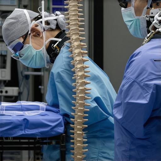 Robotic-assisted spine surgery in a modern operating room, highlighting technological advancement.