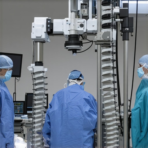Futuristic Robotic Spine Surgery Robotic-assisted spine surgery with advanced technology in a modern operating room.