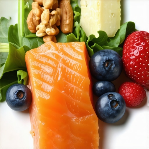 Nutritional Foods for Spinal Recovery Plate with healthy foods supporting spine healing, including fish, greens, nuts, and berries.