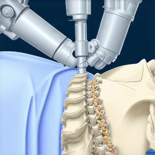 Surgeon operating robotic system during spinal surgery in a modern operating room.