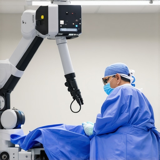 Robotic-Assisted Spine Surgery in Action Surgeon operating robotic-assisted spine surgery system in an advanced hospital setting