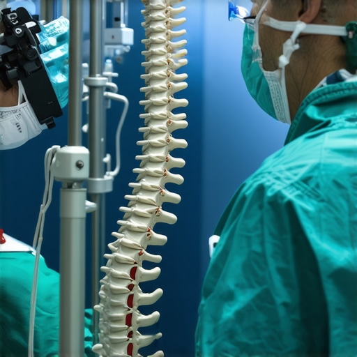 Robotic-Assisted Spine Surgery in Action Surgeons operating a robotic spine surgery system in a modern medical setting