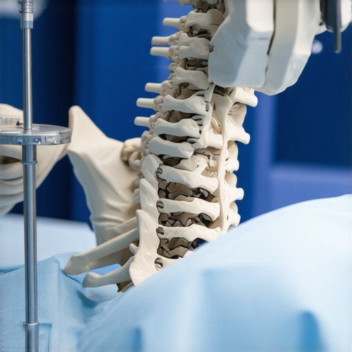 Surgeon operating robotic-assisted system during spine procedure with advanced imaging technology.