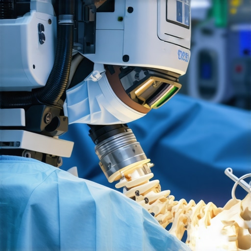 Robotic-Assisted Spine Surgery in Action Surgeon operating with robotic guidance during complex spinal procedure