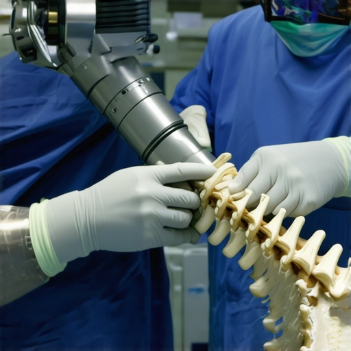 Robotic-Assisted Spine Surgery in Action Surgeon using robotic assistance during spine surgery, demonstrating technological precision.