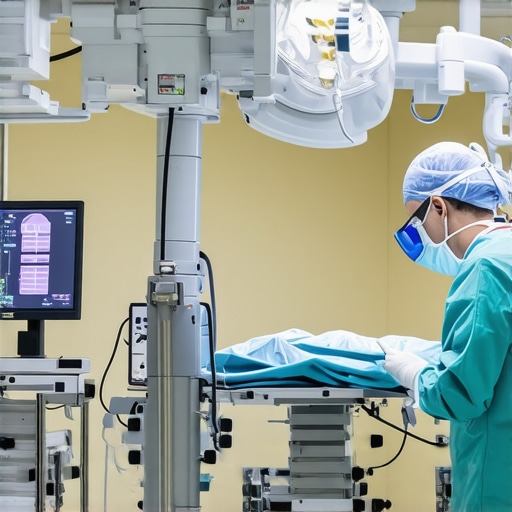 Robotic-Assisted Spine Surgery in NJ Surgeon operating robotic spine surgery equipment in a high-tech operating room.