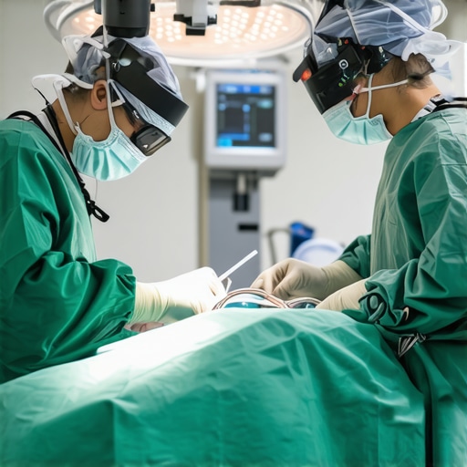 Modern operating room with robotic-assisted spine surgery equipment and laser technology in use.
