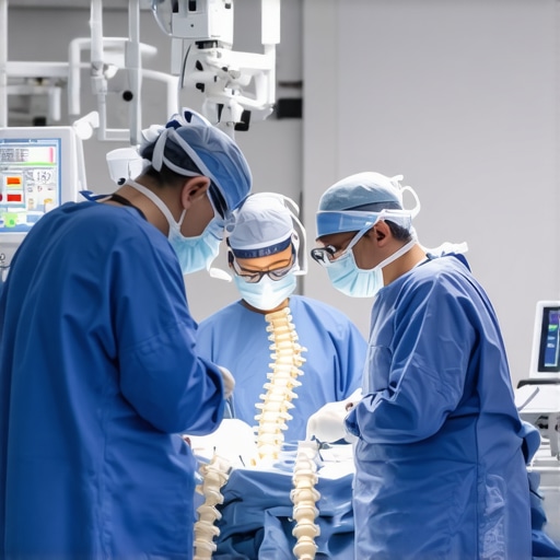 Robotic-assisted spine surgery in NJ Surgeon operating robotic-assisted spine surgery equipment in a modern NJ hospital