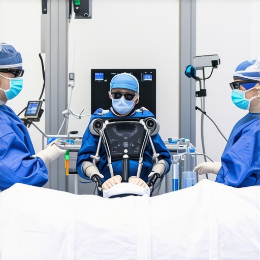Robotic-assisted spine surgery in action Surgeons performing robotic-assisted spinal surgery with imaging technology