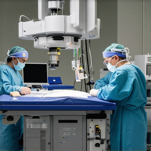 Surgeons performing robotic-assisted spine surgery with high-tech equipment