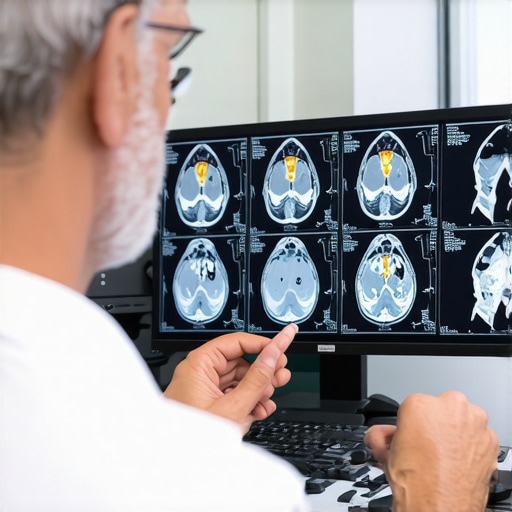 Spine surgeon reviewing MRI with patient in NJ Spine surgeon analyzing MRI scan with patient in New Jersey clinic