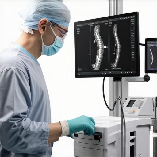 A professional spine surgeon utilizing robotic-assisted technology during a complex spinal procedure.