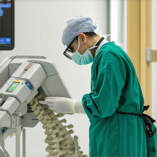 Spine surgeon operating with robotic system in an advanced surgical room.