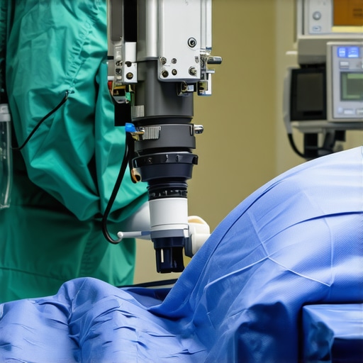 Surgeon performing minimally invasive laser spinal decompression with endoscopic tools in a modern operating room