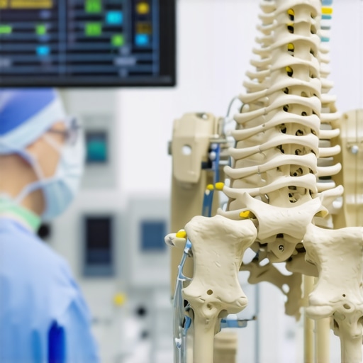 Surgeon performing robotic-assisted spine surgery with advanced technology and equipment in a state-of-the-art operating room
