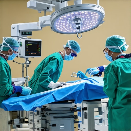 Surgeon operating robotic-assisted spine surgery equipment in a modern surgical room.