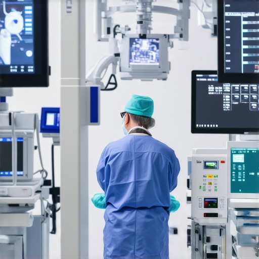 Surgeon operating robotic-assisted spine surgery equipment in a state-of-the-art NJ medical facility.