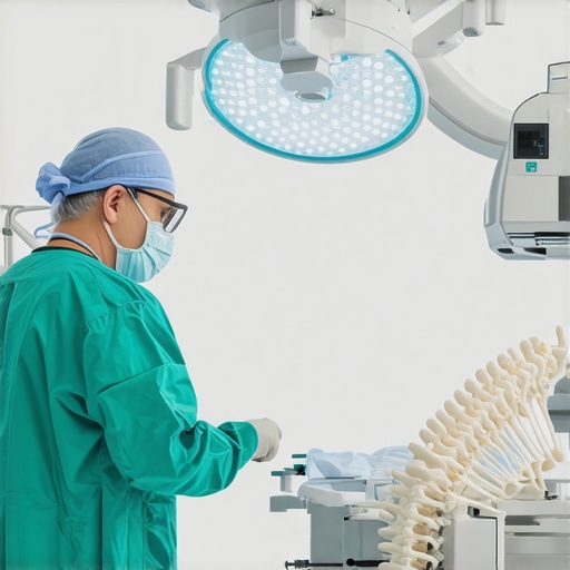 A spine surgeon operating advanced robotic surgical equipment in a high-tech OR.