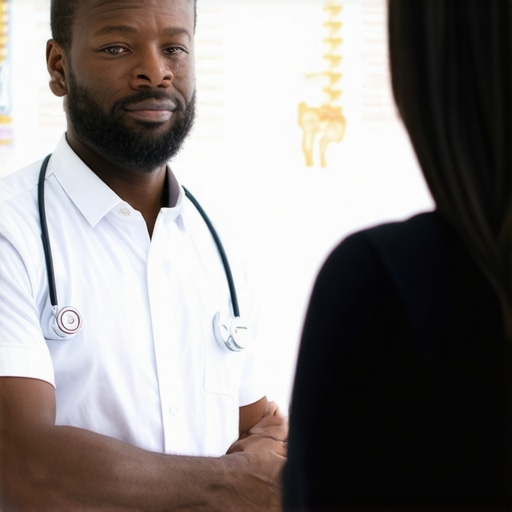 Doctor explaining spine surgery options to a patient in New Jersey clinic.