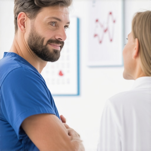 Surgeon discussing treatment options with a patient in a clinical setting.