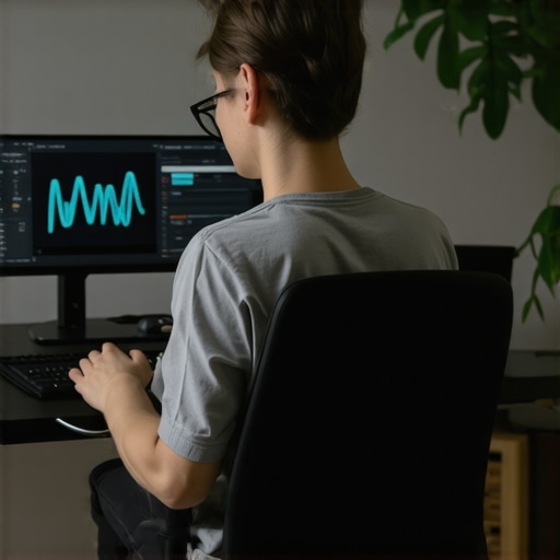 Person working at ergonomic desk with posture app on smartphone.