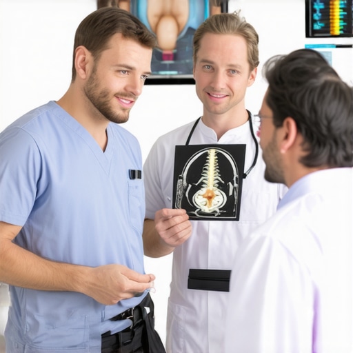 Spine specialist reviewing MRI scan with patient in clinic