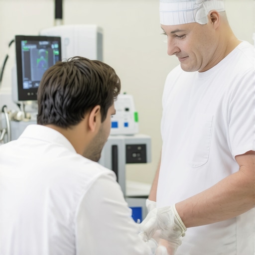 Modern NJ spine surgery clinic with robotic-assisted technology and a surgeon consulting a patient.