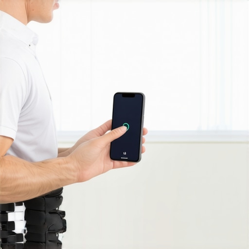 Person using a posture correction device connected to a smartphone app for maintaining spinal health