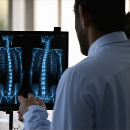 A spine surgeon explaining X-ray images to a patient in a clinical setting.