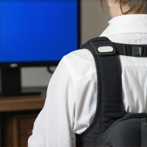 A person working at a desk with a wearable spine monitor and ergonomic chair