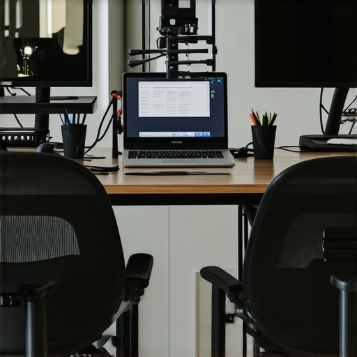 An ergonomic office setup with adjustable furniture and posture-tracking tools to support spinal health.