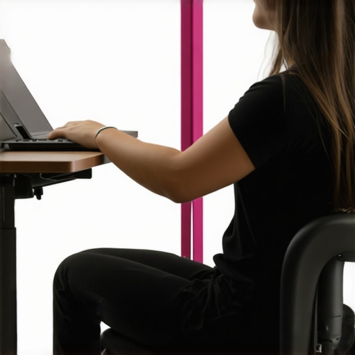 Individual working at a standing desk with resistance bands, promoting spinal health