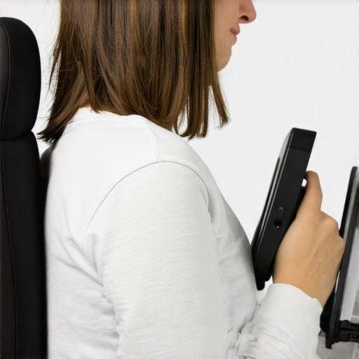 Ergonomic workspace for spinal health Person working at adjustable desk with lumbar support and posture monitor