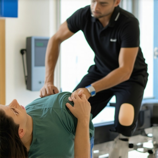 Physical therapist assisting a patient with spine exercises in a therapy session
