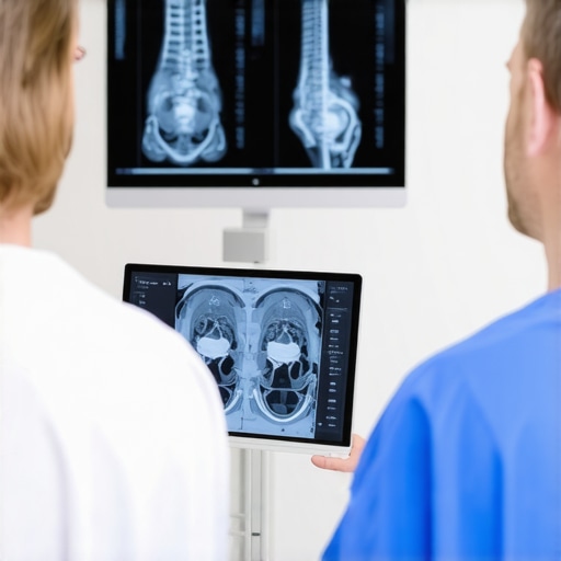 A patient discussing spinal surgery options with a doctor in an examination room.