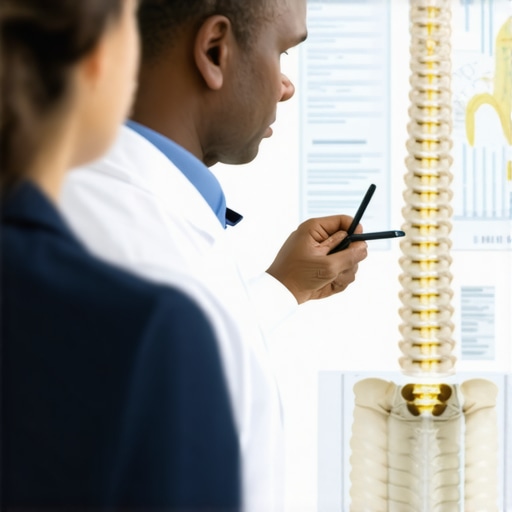 A doctor consulting with a patient about spine treatment options using visual diagrams.