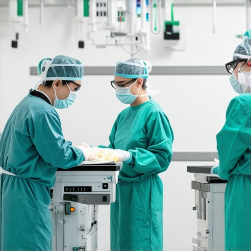 Surgeon and medical team in a modern surgical room ready for spine surgery.