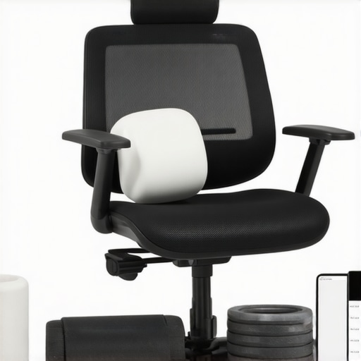 Ergonomic chair, foam roller, and a digital monitor displaying a health tracking app for back pain management.