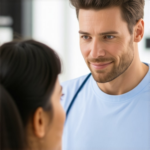 Doctor explaining spine surgery options to a patient in a clinic.
