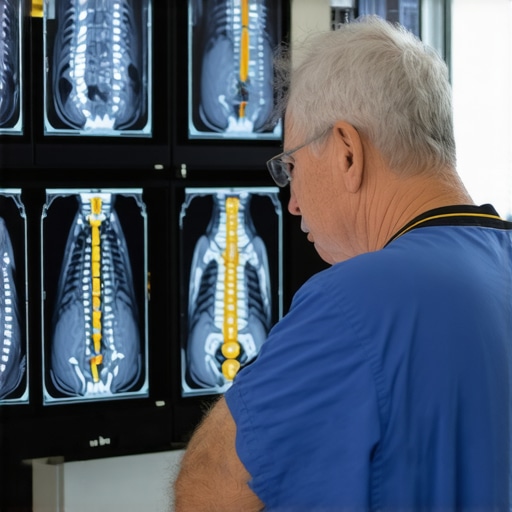Spine surgeon analyzing MRI scans in a clinical setting